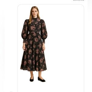 nora noh Floral Black Dress midi pleated long sleeve
